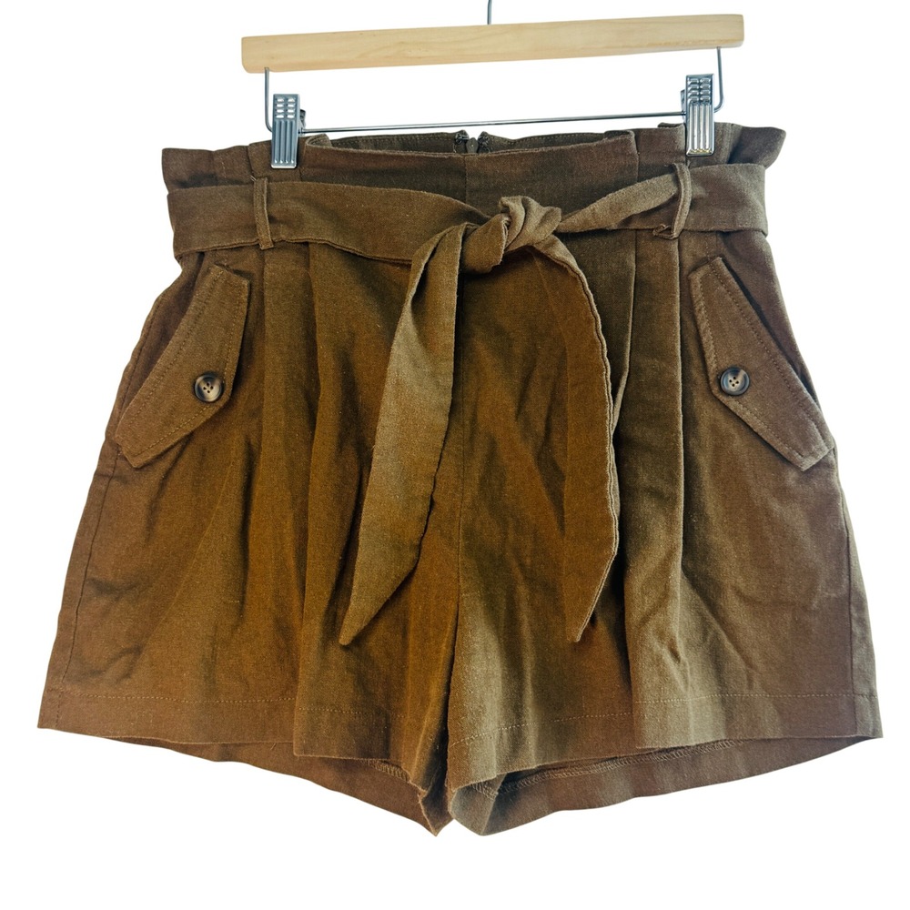 Lush Women's L Paperbag Waist Linen Blend Belted Shorts Brown High Rise Summer‎
